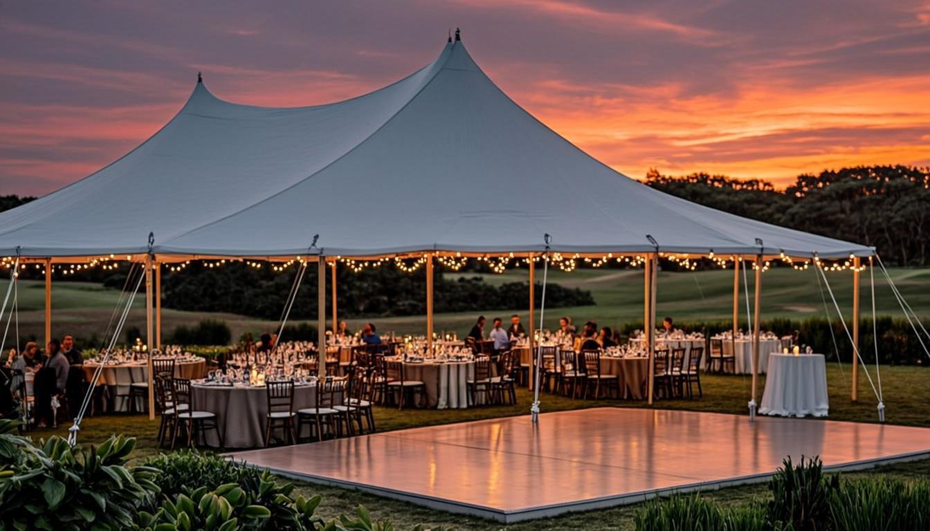 Elegante setup de evento al aire libre con carpa de lujo en un club campestre al atardecer